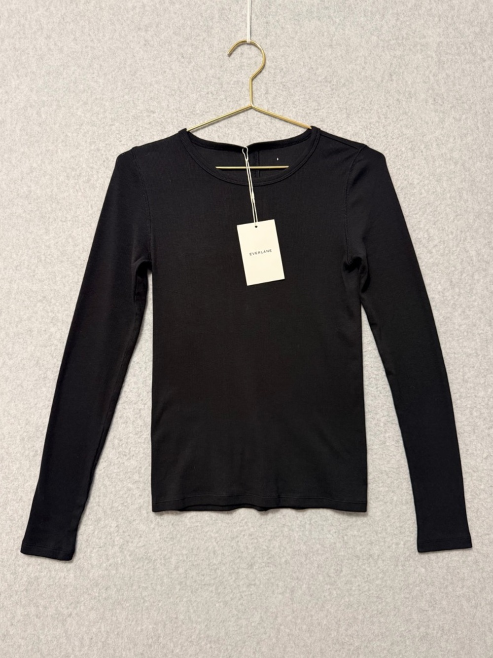 Everlane Lux Supima Micro-Rib Long Sleeve Crew Tee NWT Size Small Black Fitted - Picture 3 of 9